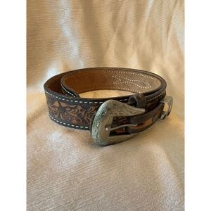 vintage USA made JUSTIN buckle belt‎ 32 cowhide leather WESTERN brown TOOLED